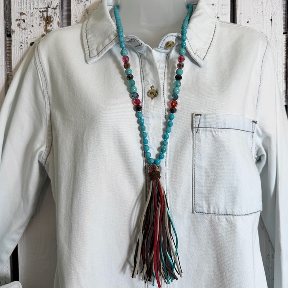 Boho Turquoise Glass Bead Beaded Necklace Leather Tassel Red Accent 34” Western - Picture 2 of 6